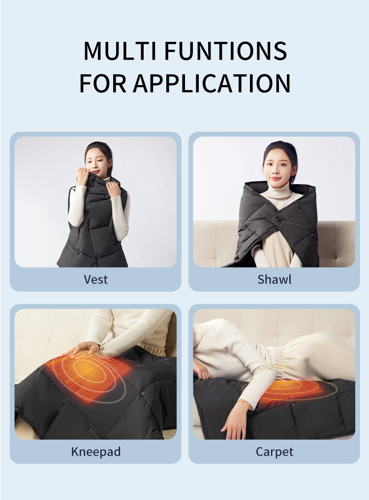 Multifunctional Graphene Heated Down Wrap: vest, shawl, lap and floor use examples.