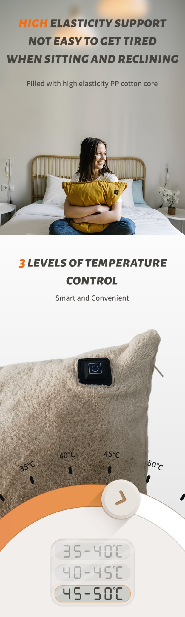 Heated cushion temperature levels and sofa application