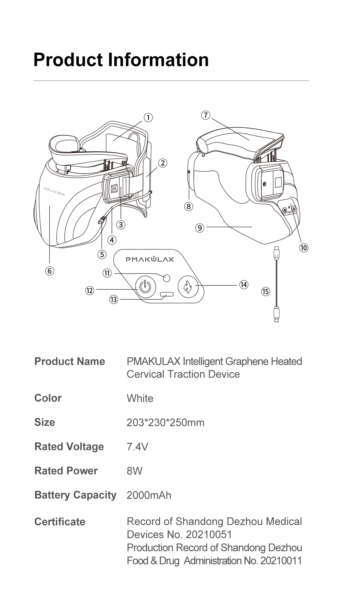Graphene Motorized Neck Immobilizer: device outline and specification diagram.
