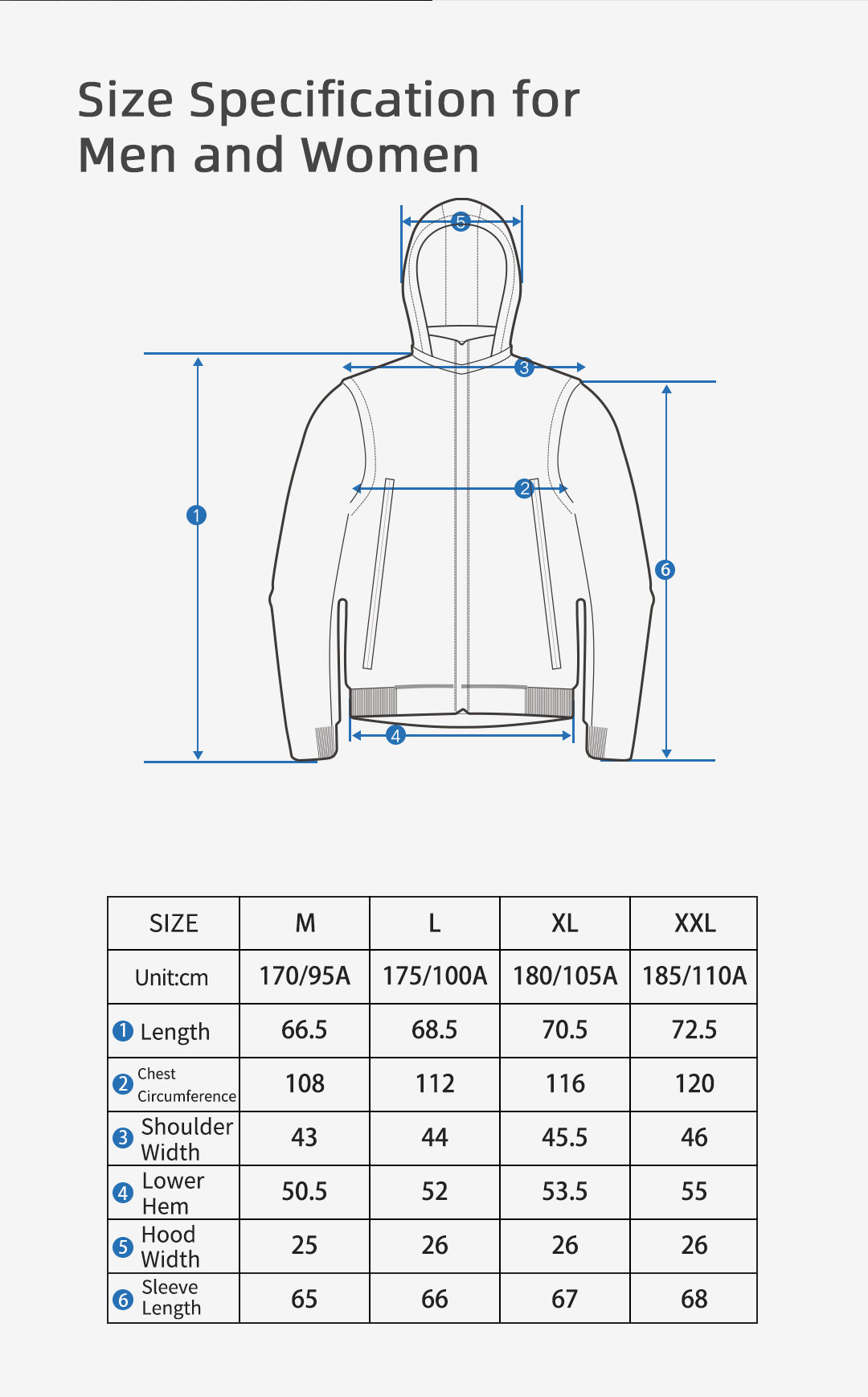 Graphene Heated Jacket: jacket measurement diagram and size chart.