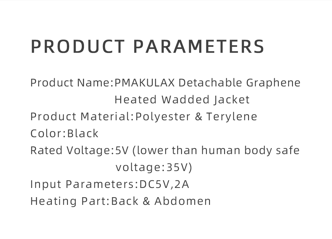 Graphene Heated Jacket: product specification panel.