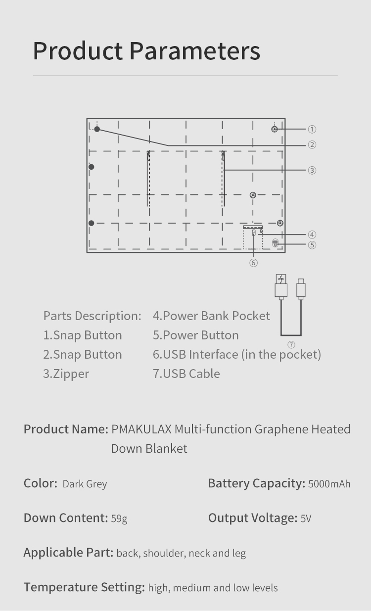 Multifunctional Graphene Heated Down Wrap: unfolded wrap diagram and product specifications.