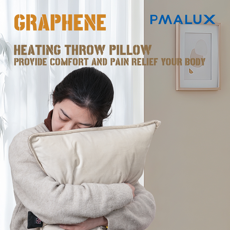 Woman holding a beige heated cushion