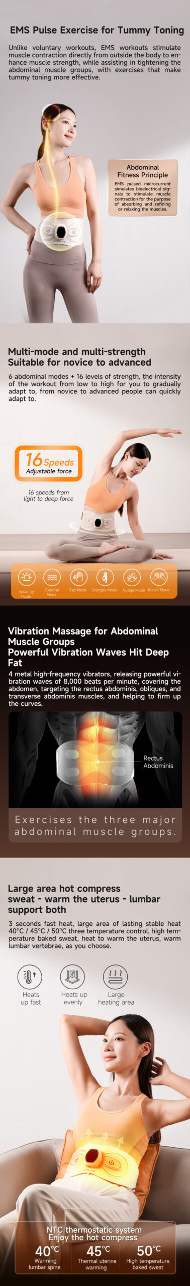 EMS Abdominal & Waist Trainer: waist fit and heating illustration guide.