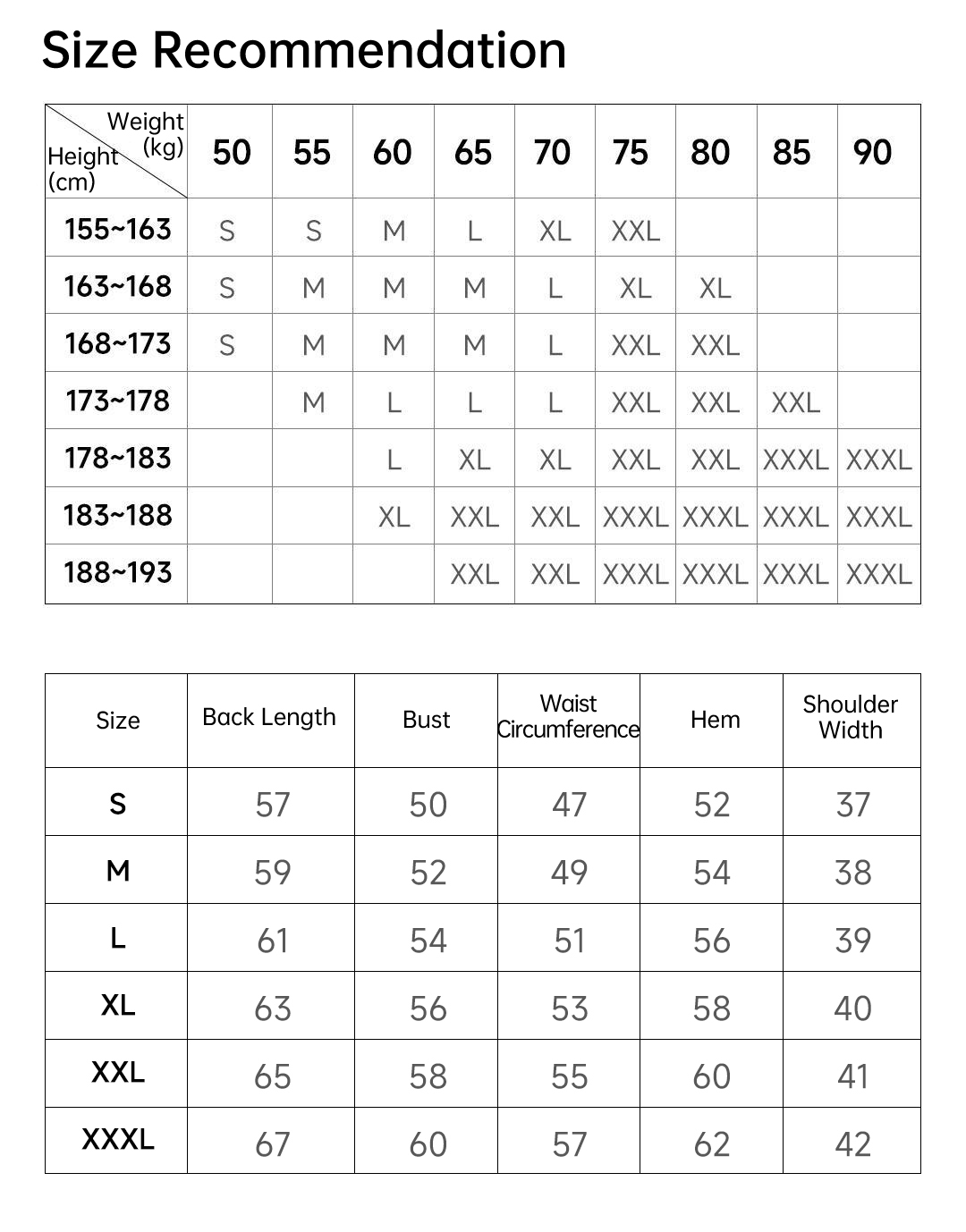 Graphene Heated Vest: garment sizing tables.