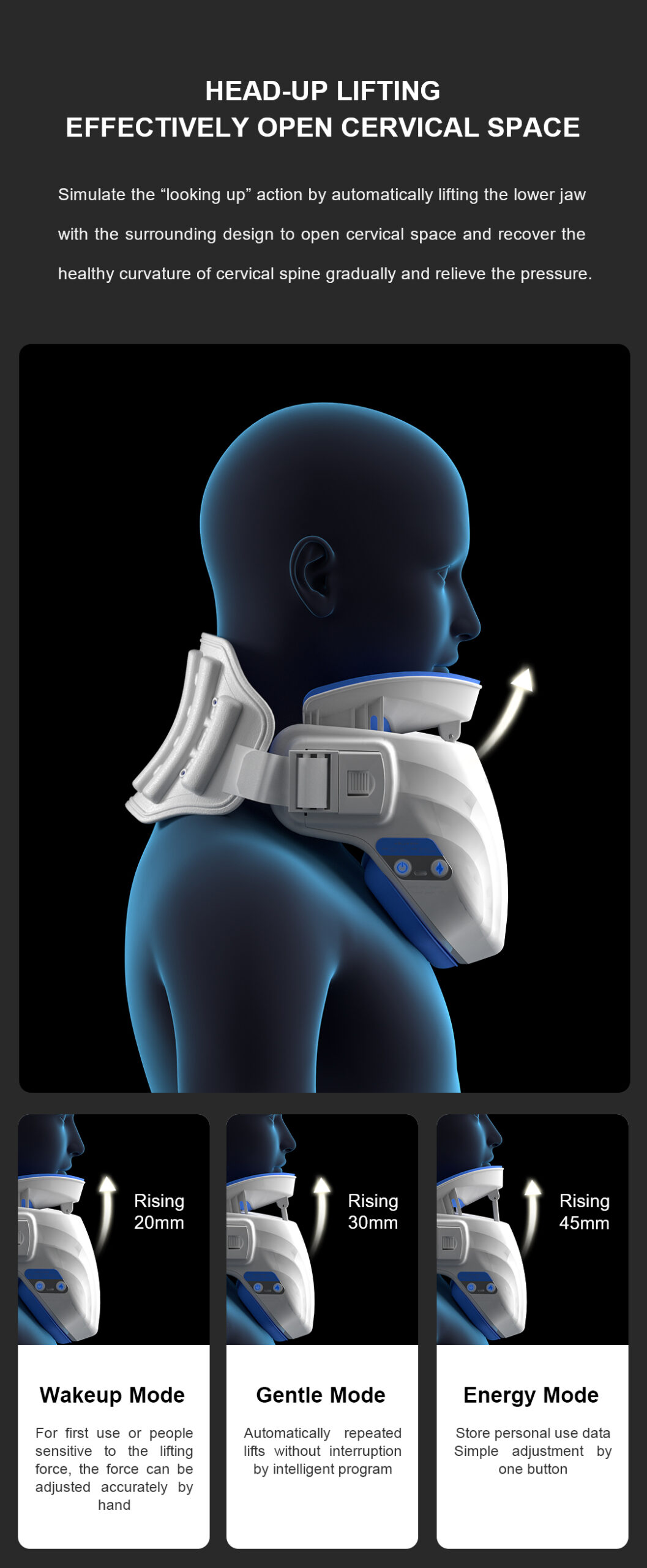 Graphene Motorized Neck Immobilizer: side adjustment and mode illustrations.