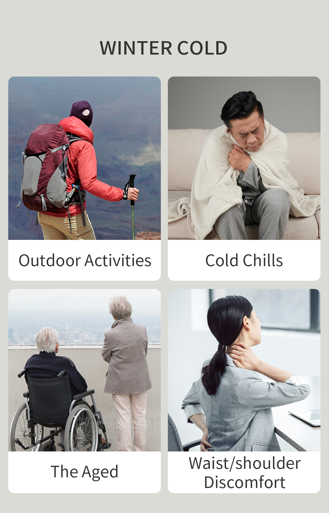 Graphene Heated Jacket: cold-weather activity illustrations.