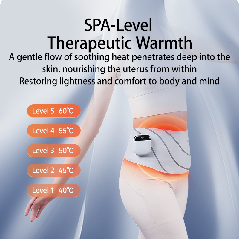 Graphene Heated Massage Belt: temperature guide and waist contact illustration.
