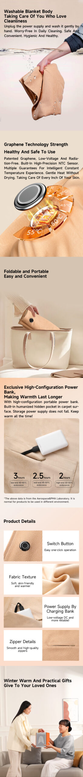 Graphene Heated Shoulder Wrap: material, storage and control details.