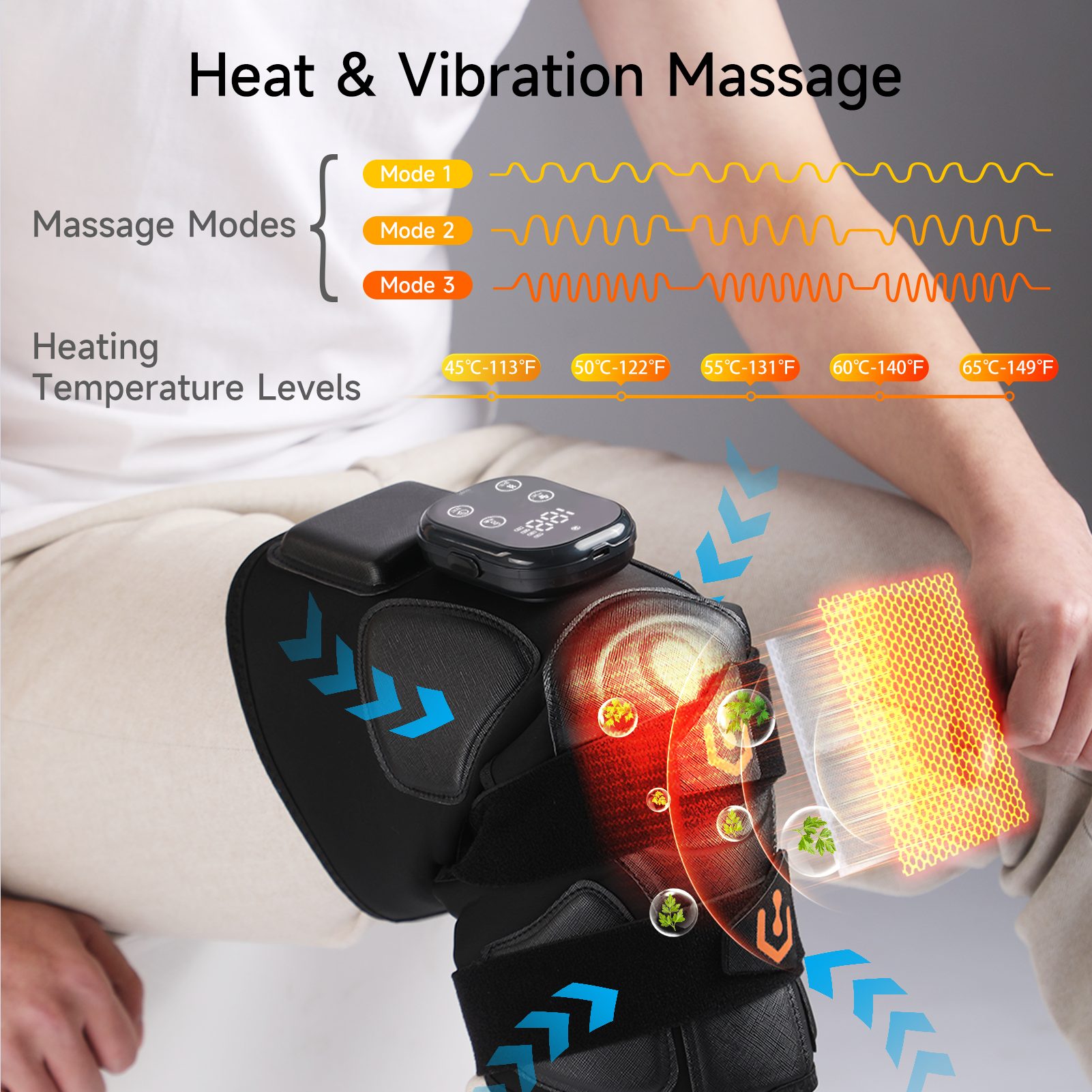 Graphene Airbag Knee & Leg Massager: knee heating layer and mode diagram.