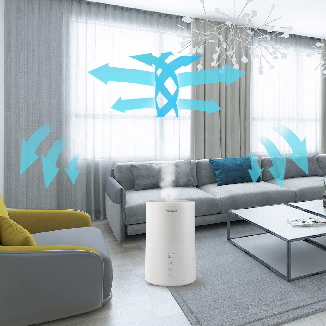 Smart air sterilizer airflow shown in a living room