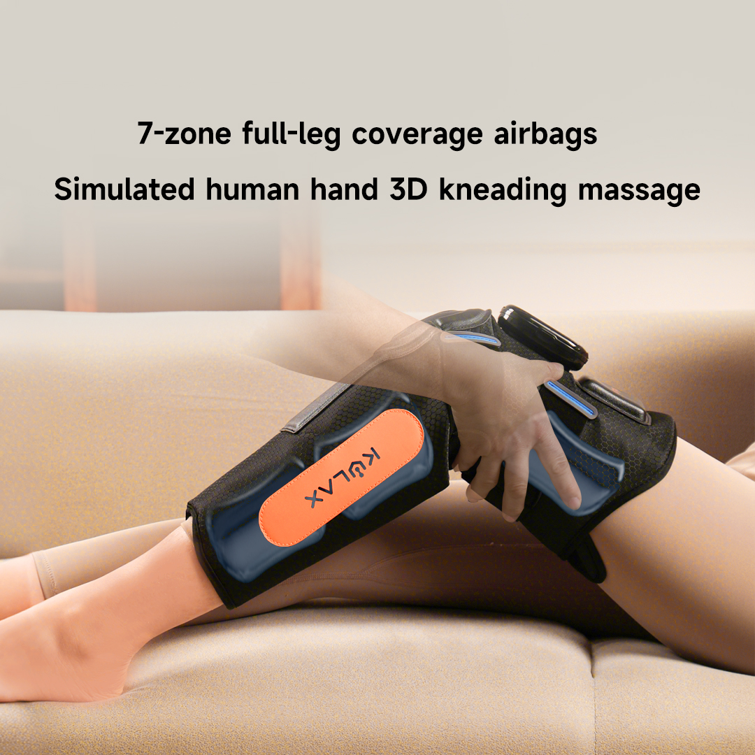 Graphene Airbag Knee & Leg Massager Pro: leg wrap used while reclining on a sofa.