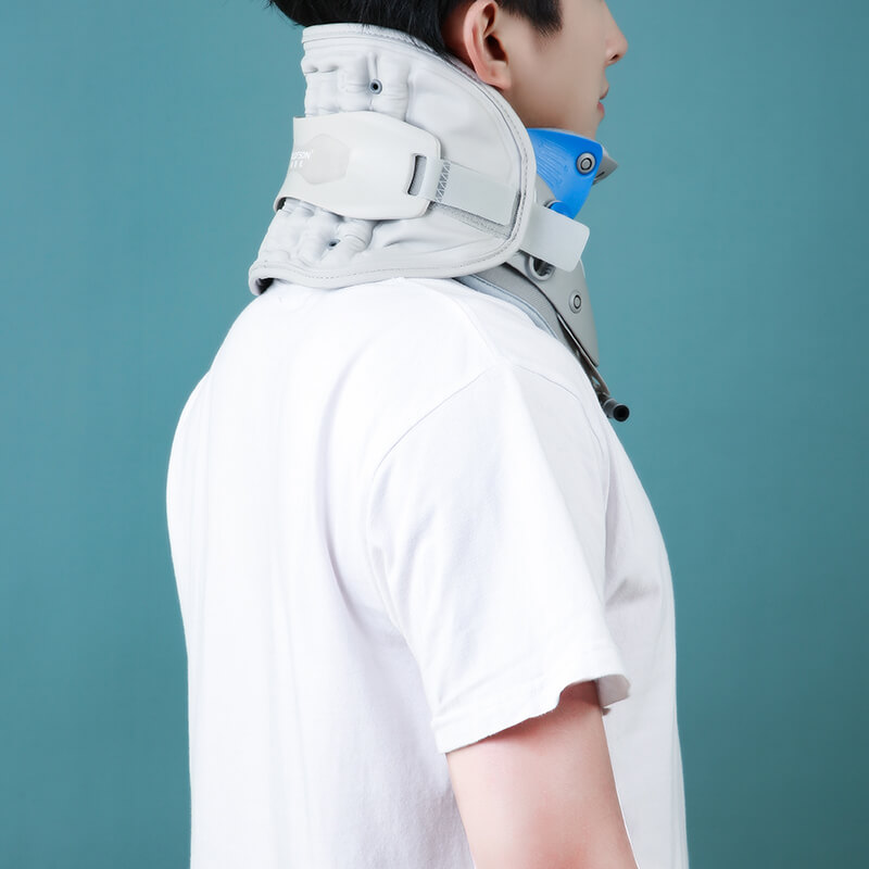 Side view of a person wearing the cervical neck brace