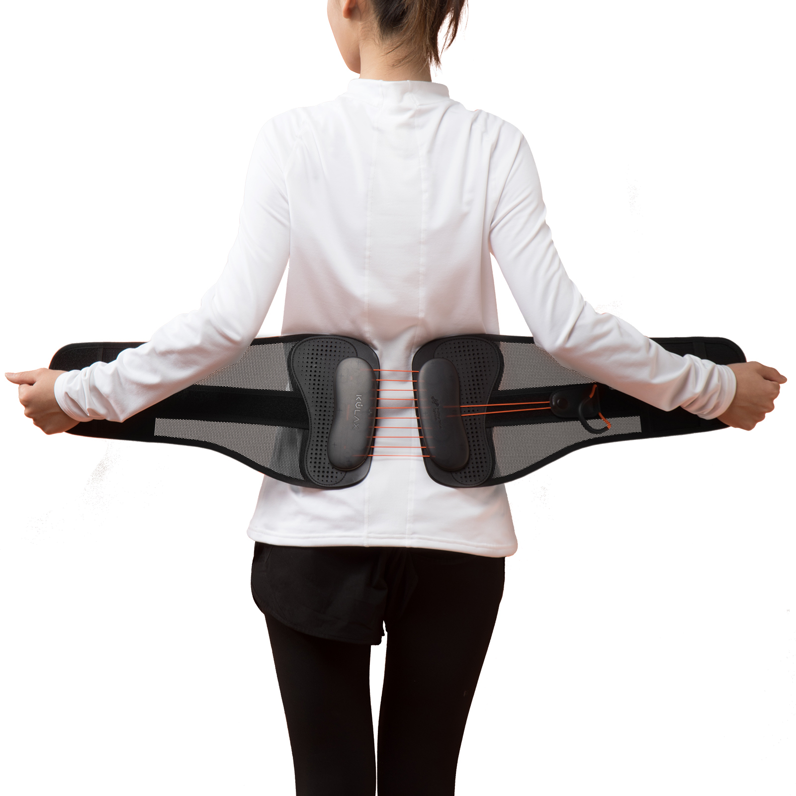 Graphene Pulley Waist Back Support Brace: rear wearing view with straps extended.