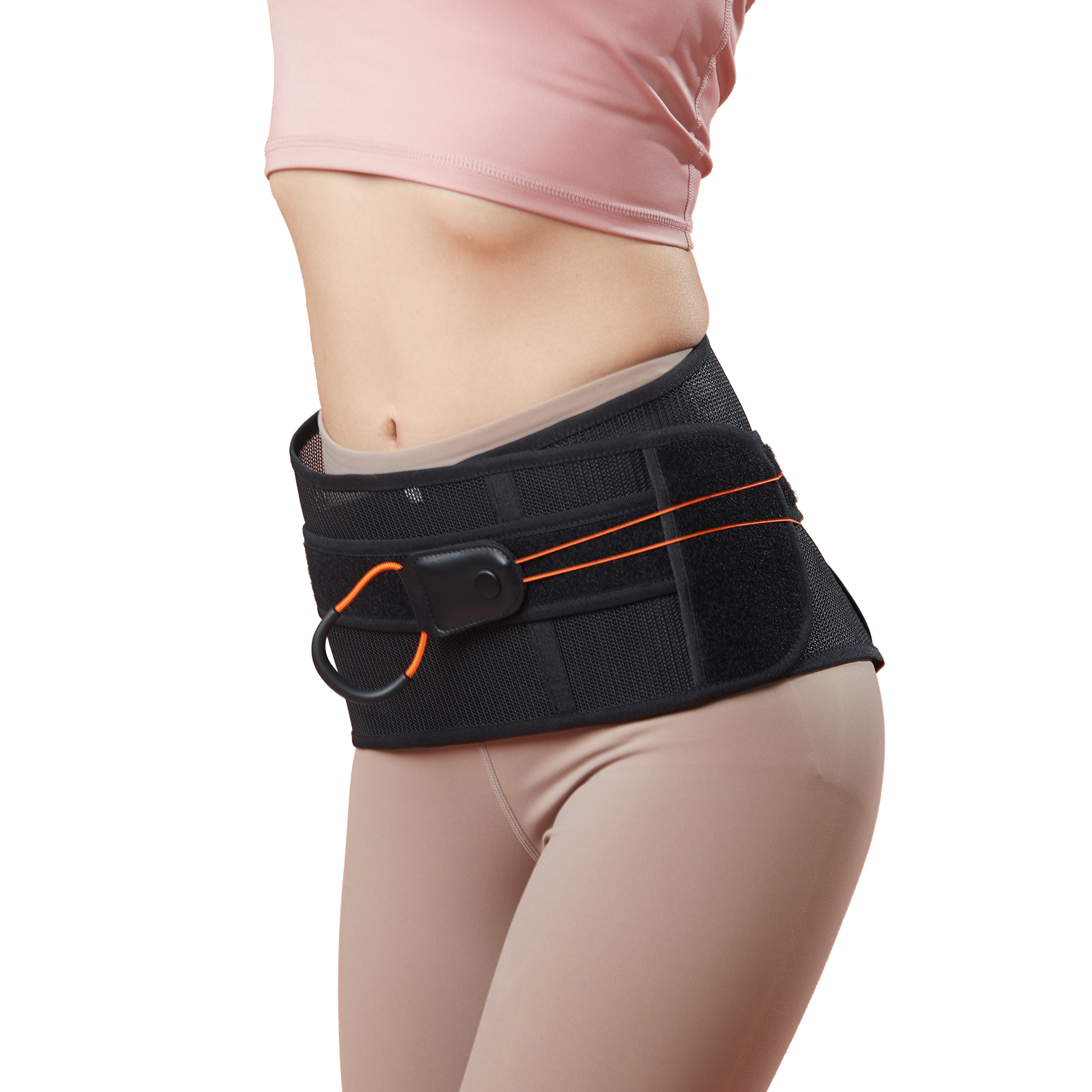 Graphene Pulley Waist Back Support Brace: side wearing view with tightening direction graphic.