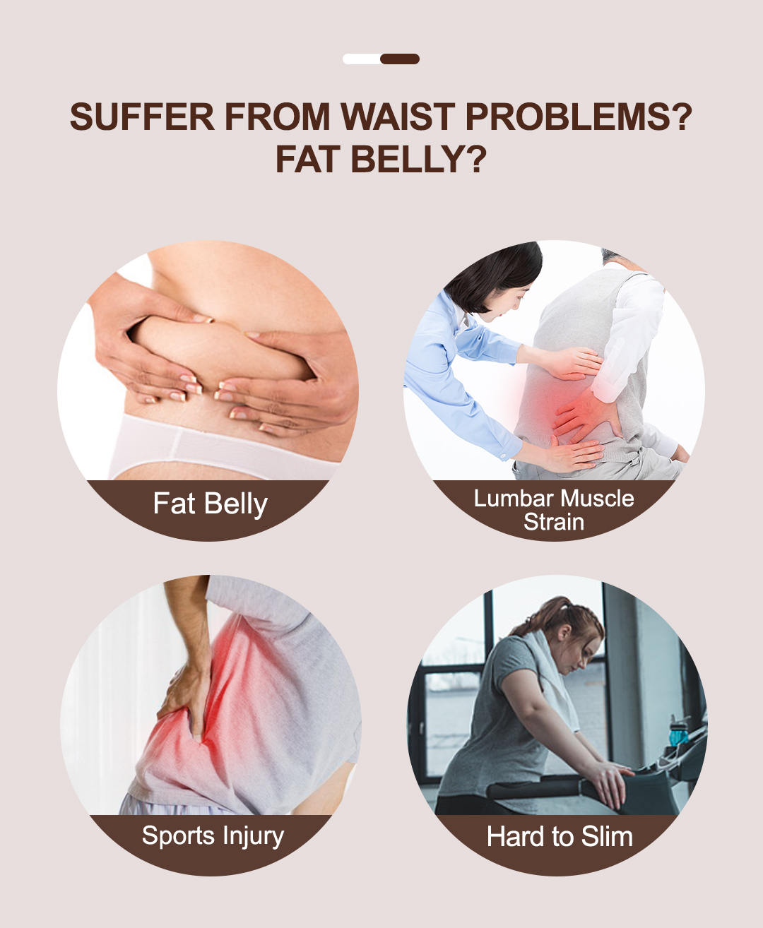 EMS Fitness Belt: waist discomfort and lifestyle illustrations.