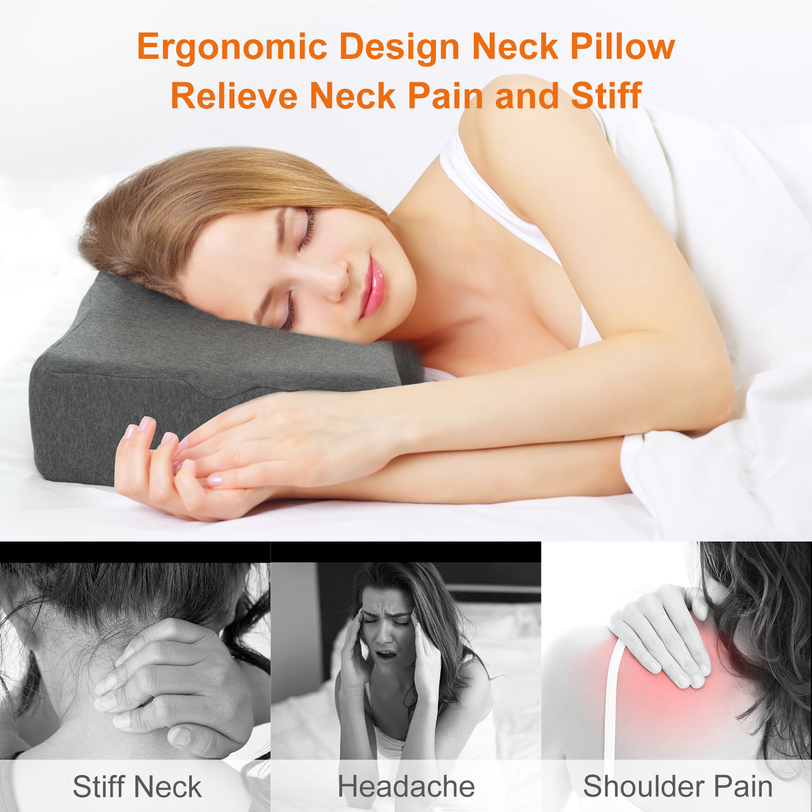 U10 Graphene Heated Smart Sleep Pillow: side sleeping scene and neck posture illustrations.
