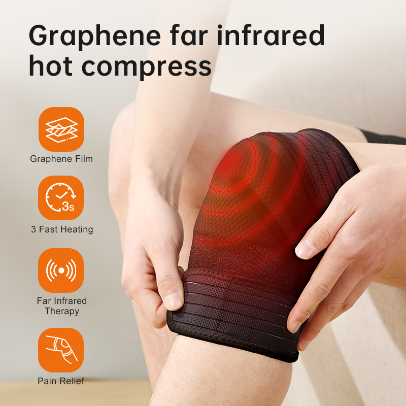 K30 Pro Graphene Heated Knee Wrap: wrap worn on a bent knee with heat illustration.