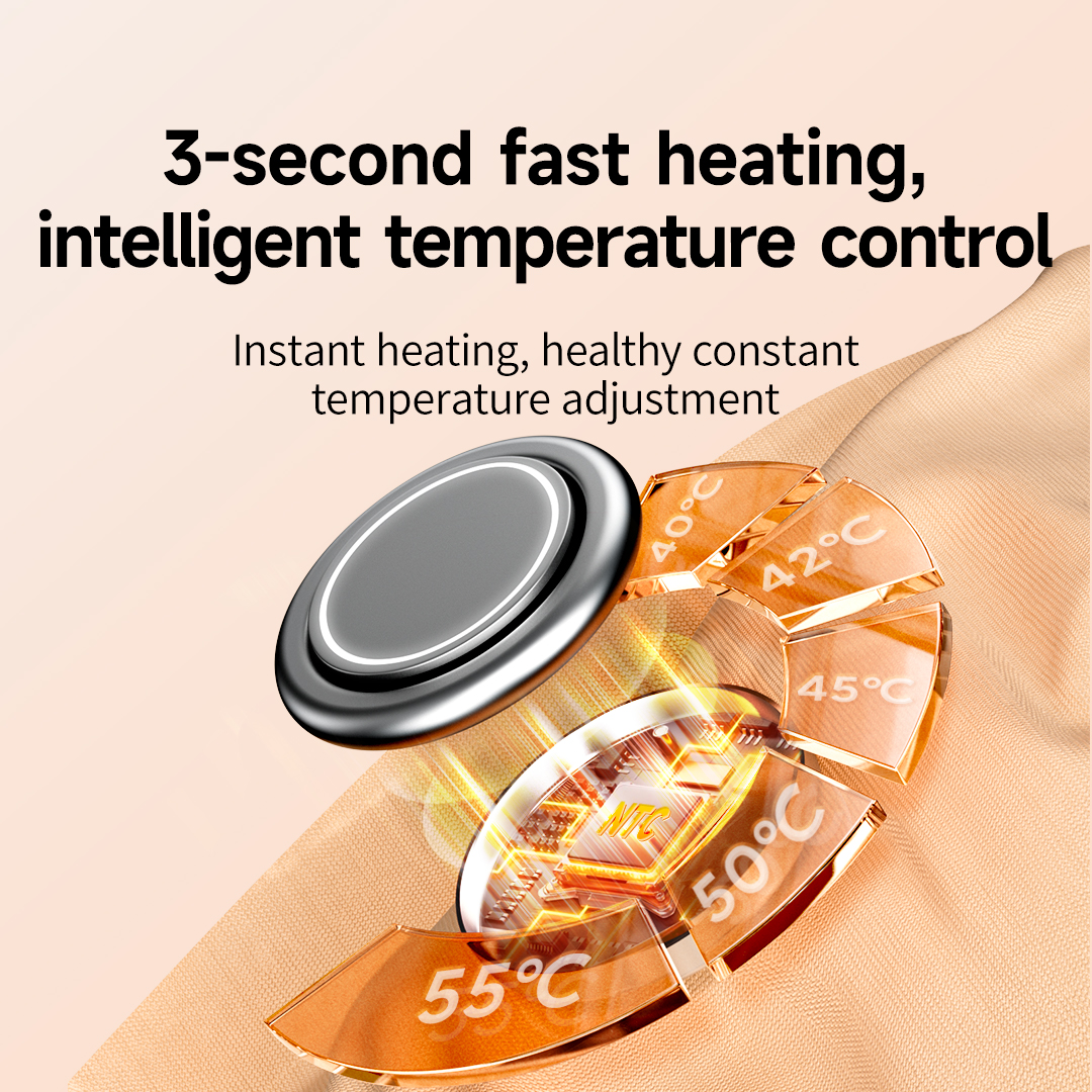 Graphene Heated Shoulder Wrap: control button and heating element illustration.