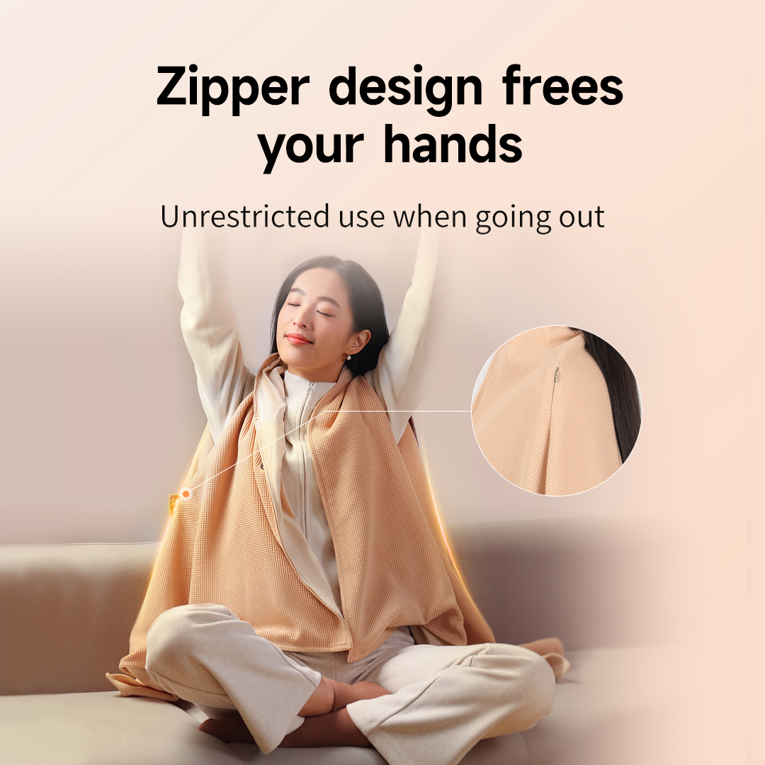 Graphene Heated Shoulder Wrap: woman wearing the wrap with front closure.