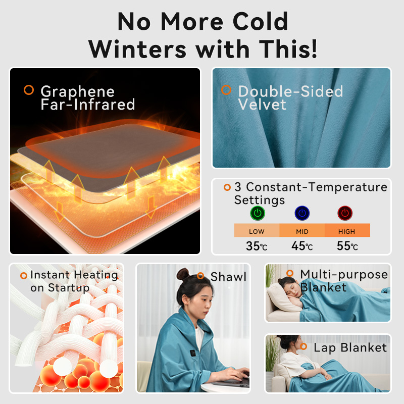 Woman wearing the heated shawl at a laptop