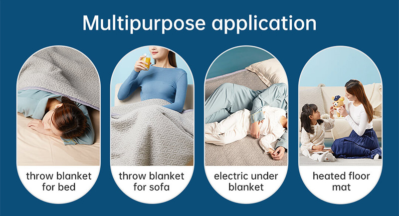 Graphene Electric Blanket: bed, sofa and floor use examples.