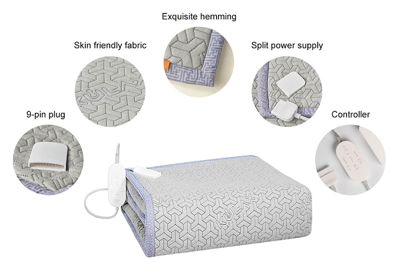 Graphene Electric Blanket: fabric, connector and controller close-ups.