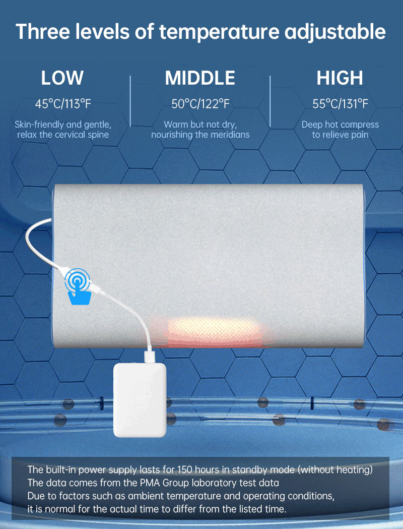 Graphene Smart Sleep Pillow: temperature settings and power cable illustration.