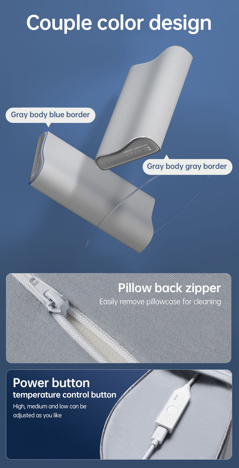 Graphene Smart Sleep Pillow: color options, zipper and power button details.