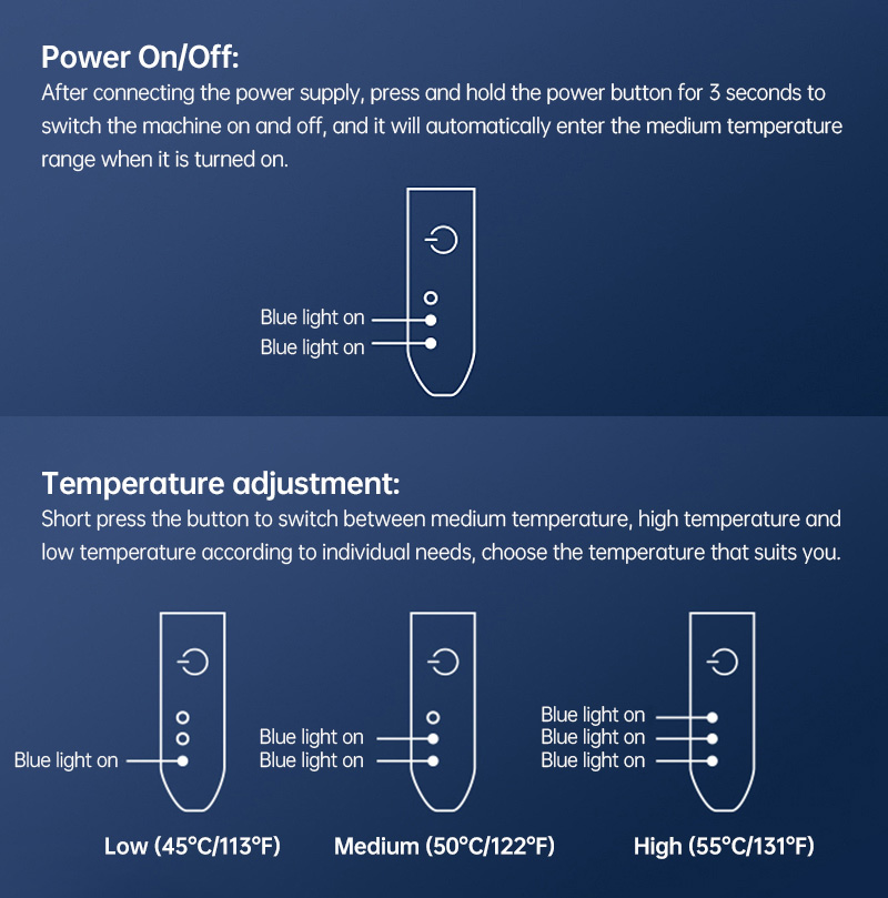 Graphene Smart Sleep Pillow: power button and temperature indicator guide.