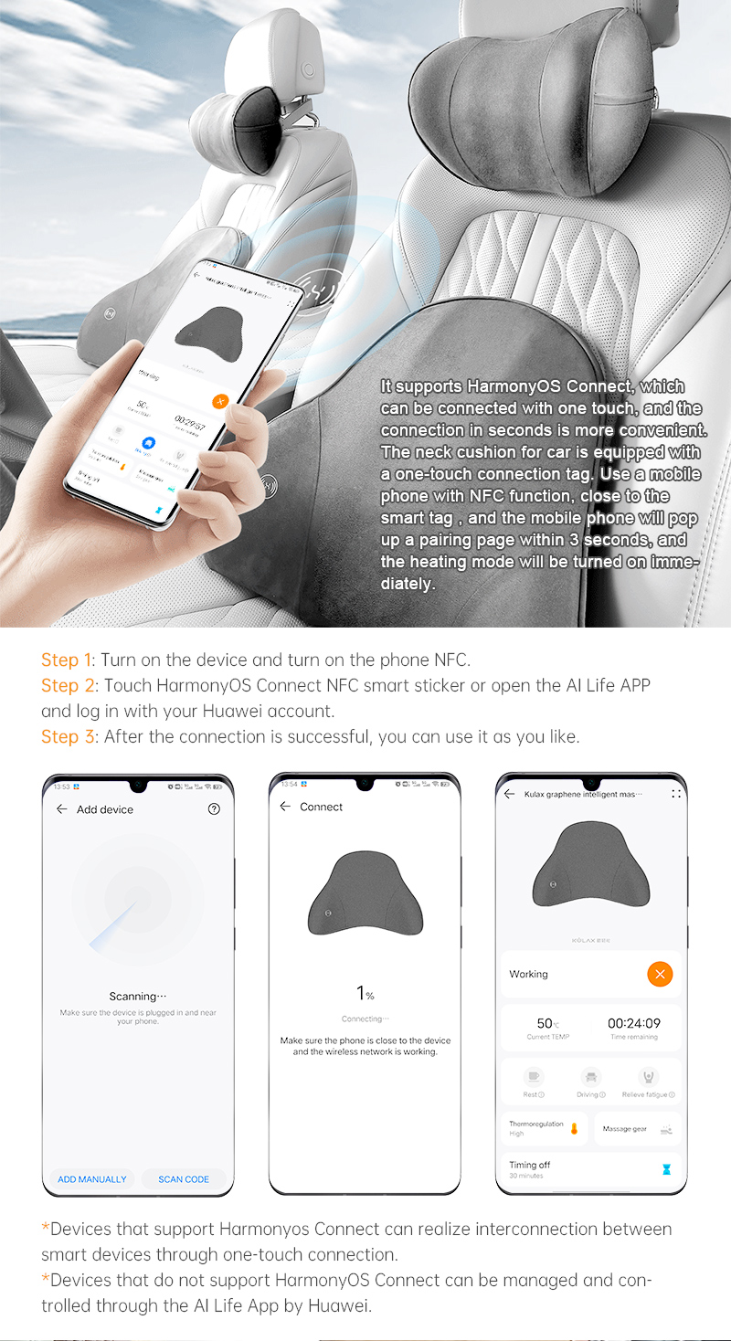Graphene Heated Lumbar Support Cushion: car seat installation and mobile control interface.