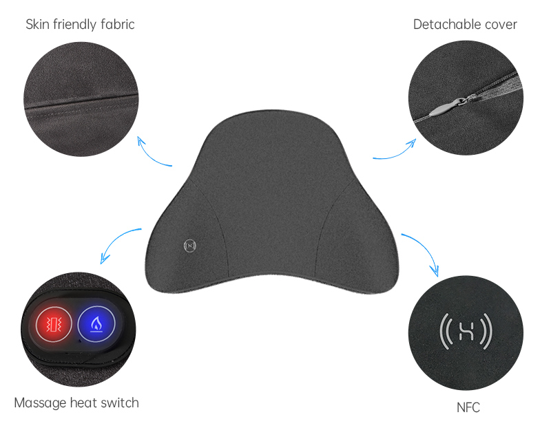 Graphene Heated Lumbar Support Cushion: fabric, zipper and control button close-ups.