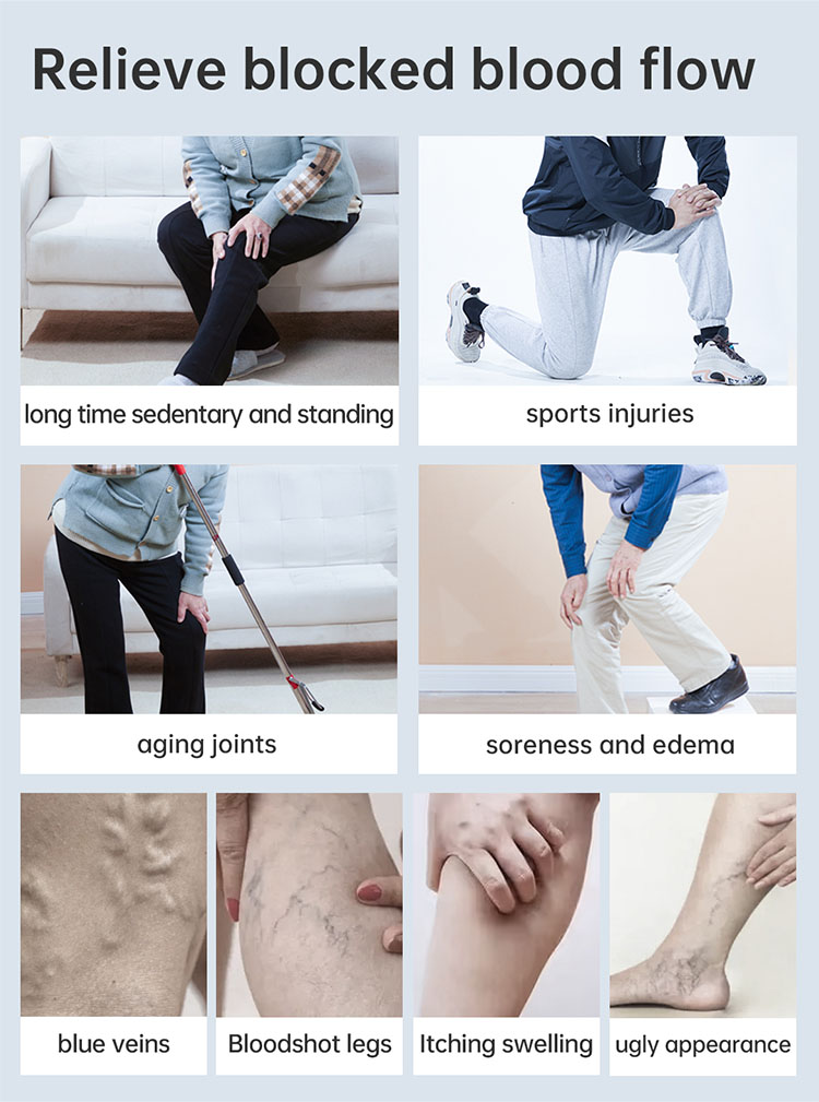 Graphene Compression Leg Sleeves: leg discomfort and activity illustrations.