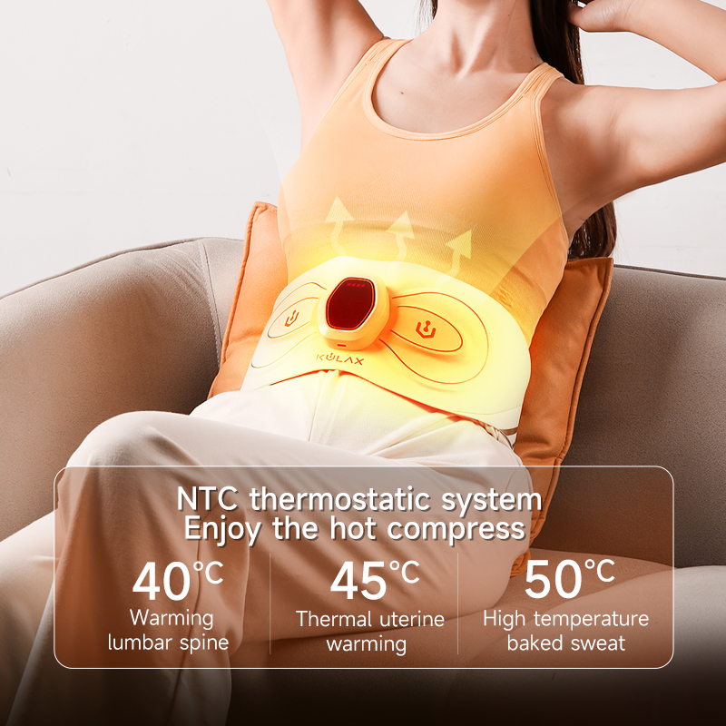 EMS Abdominal & Waist Trainer: seated use with heating setting guide.