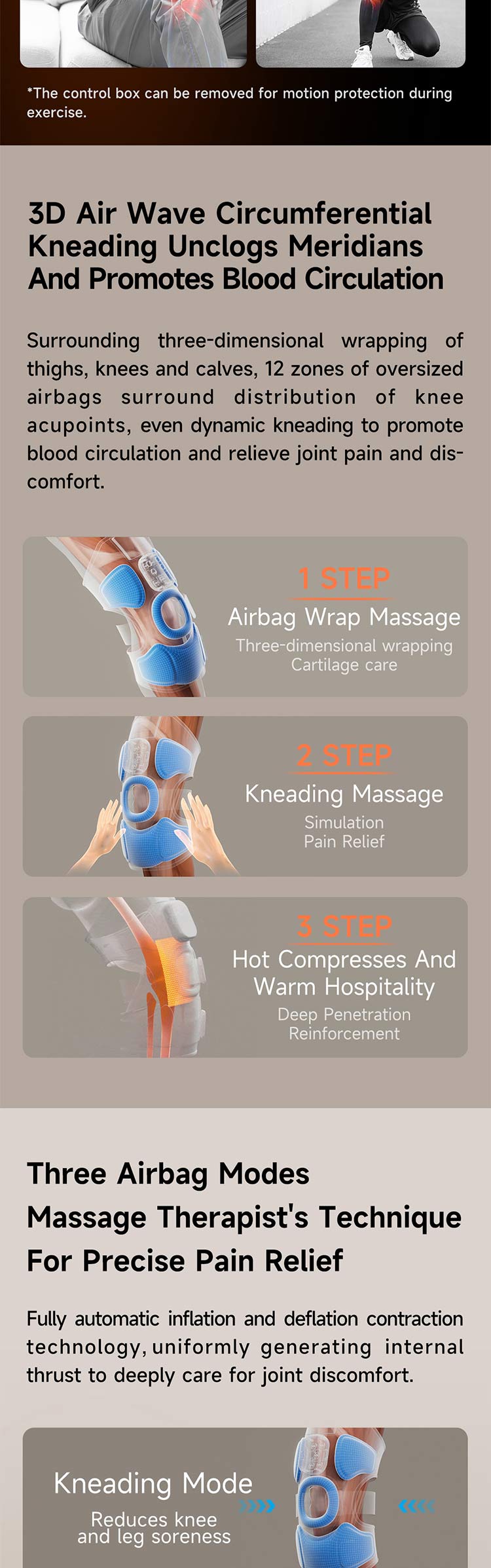 Graphene Airbag Knee & Leg Massager: airbag and knee contact point diagrams.