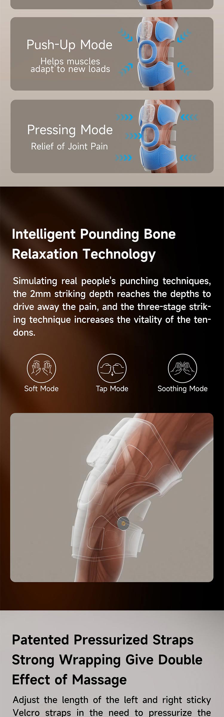 Graphene Airbag Knee & Leg Massager: massage mode and pressure strap guide.
