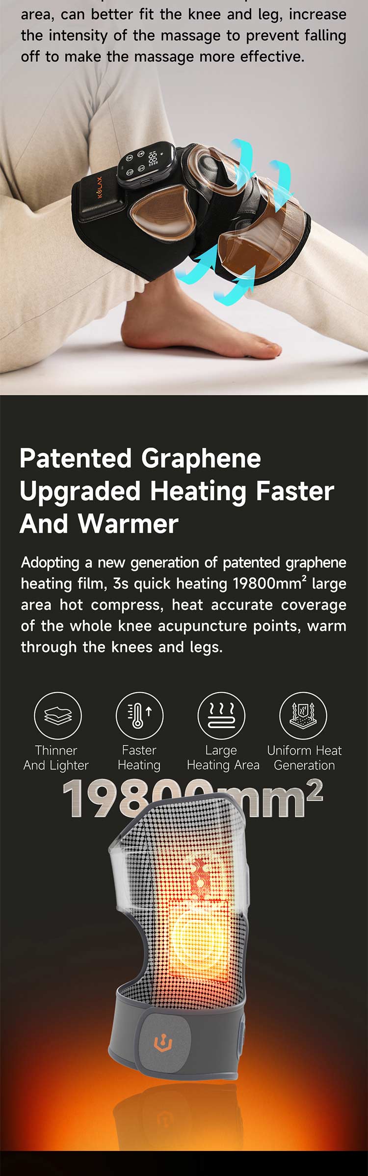 Graphene Airbag Knee & Leg Massager: extended-leg wearing view and heating zone.