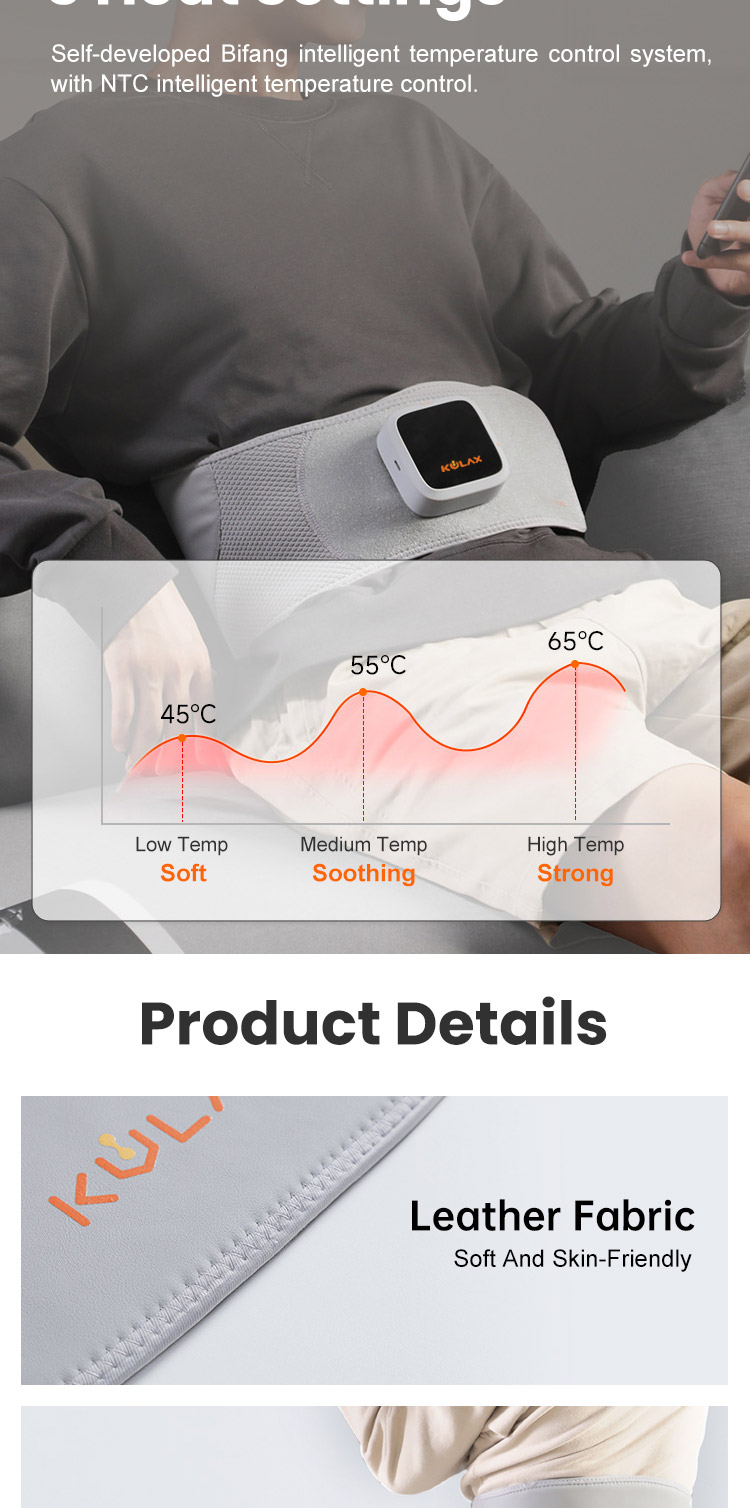 Waist Massage Belt: temperature setting and surface material details.