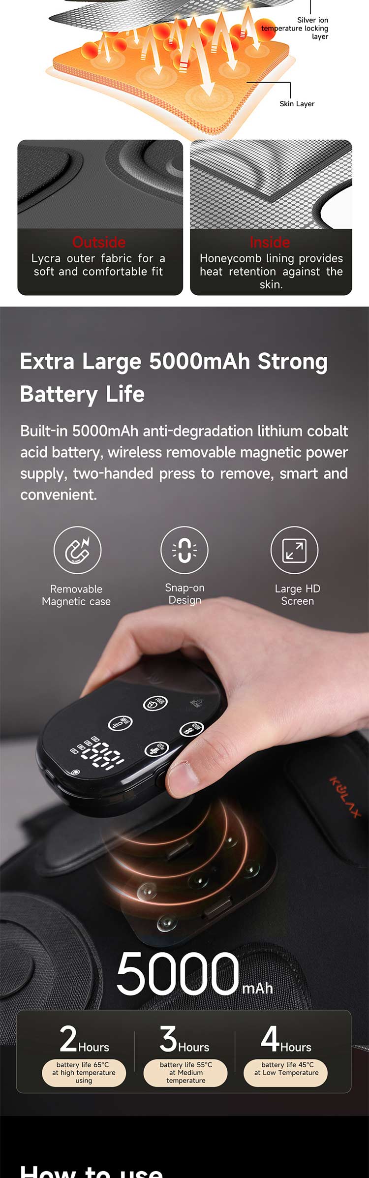Graphene Airbag Knee & Leg Massager: battery feature and operating control guide.
