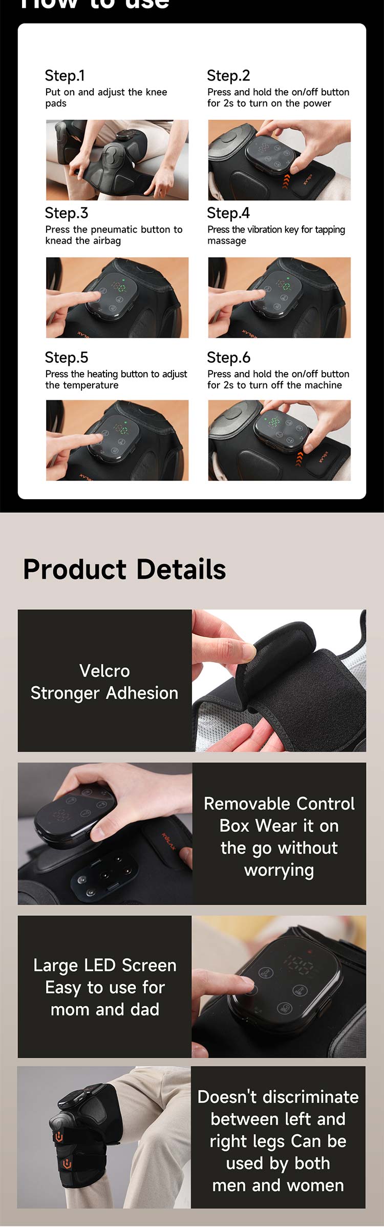 Graphene Airbag Knee & Leg Massager: fastening, controller and carrying details.