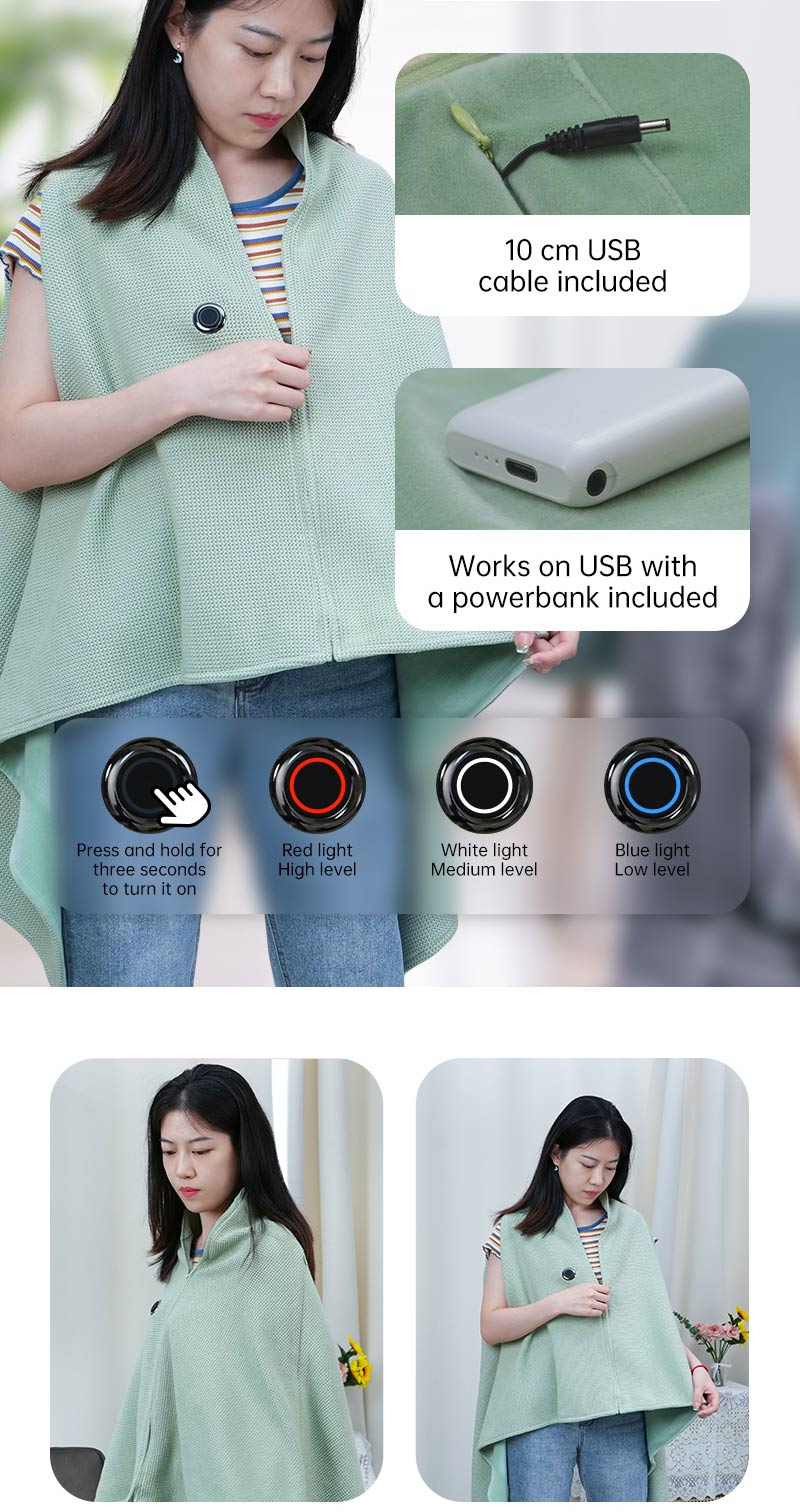 Heated shawl controller and wearing details