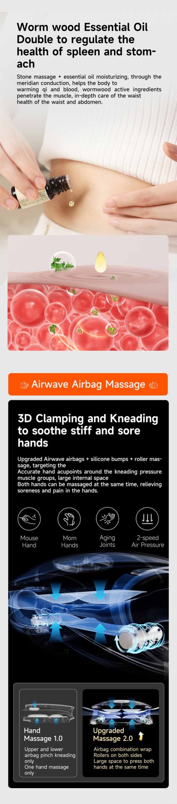 Graphene Multi-Purpose Hand & Abdomen Massager: hand placement and control overview.