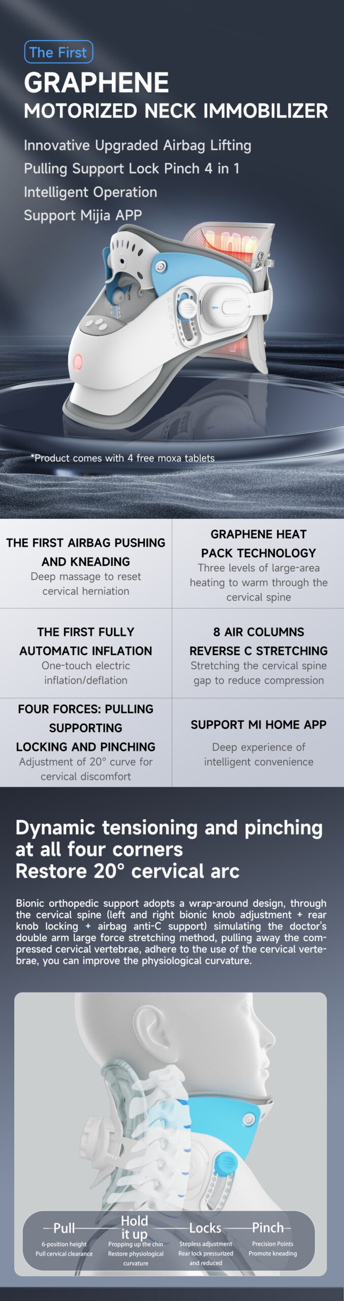 Motorized Neck Support: device overview and side adjustment guide.