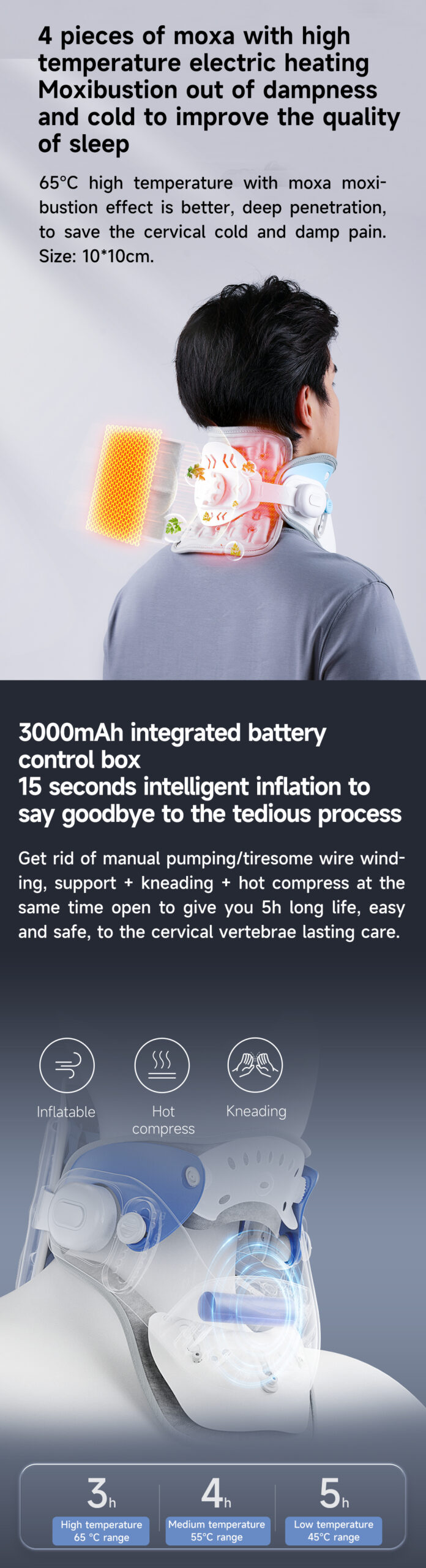 Motorized Neck Support: heating module and battery overview.