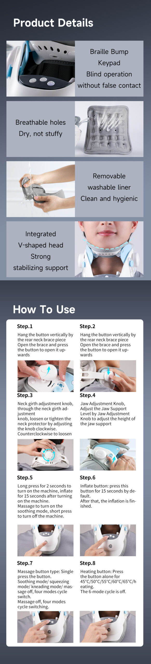 Motorized Neck Support: component details and wearing instructions.