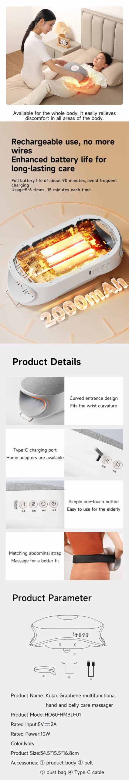 Graphene Multi-Purpose Hand & Abdomen Massager: device components and product specification guide.