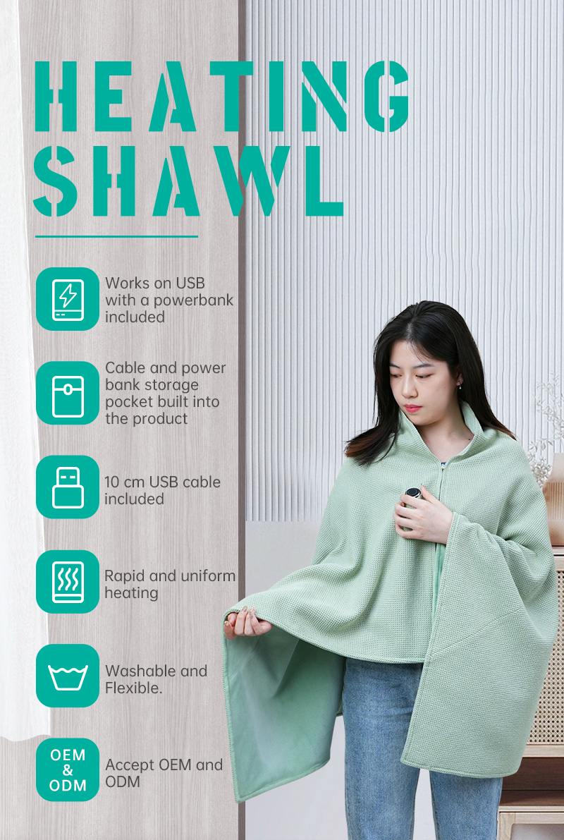 Woman wearing the mint heated shawl