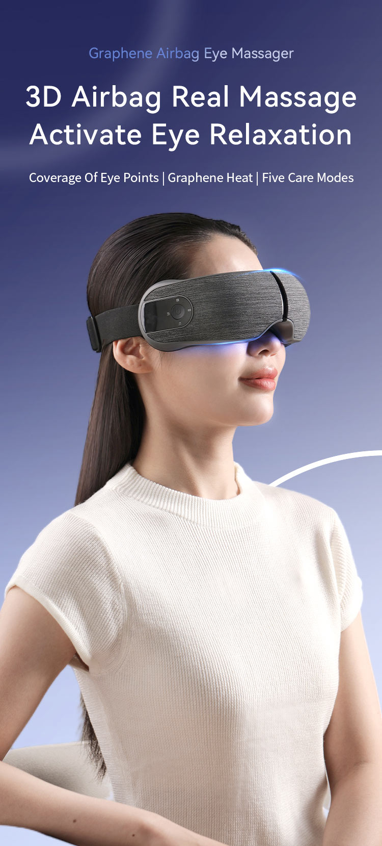 Airbag Eye Massager: front wearing view and airbag illustration.