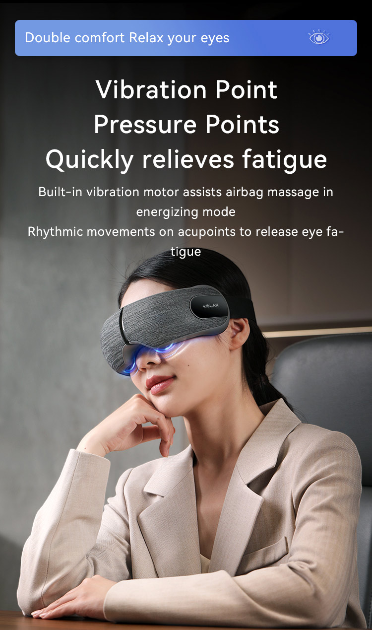 Airbag Eye Massager: seated eye mask use with contact point graphic.