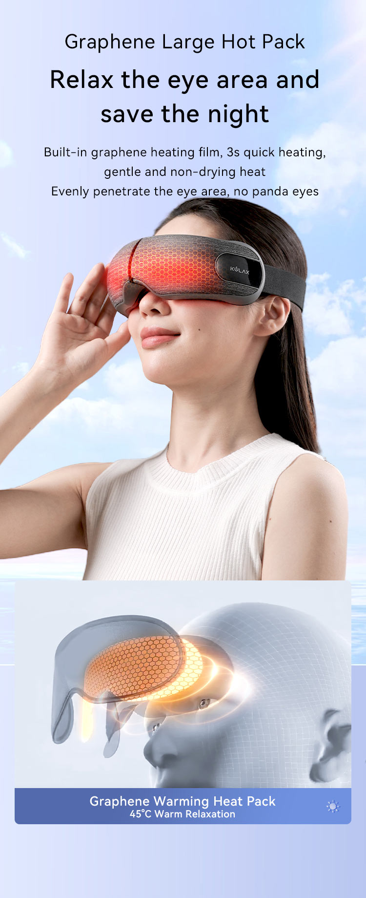 Airbag Eye Massager: wearing view with inner heating layer illustration.